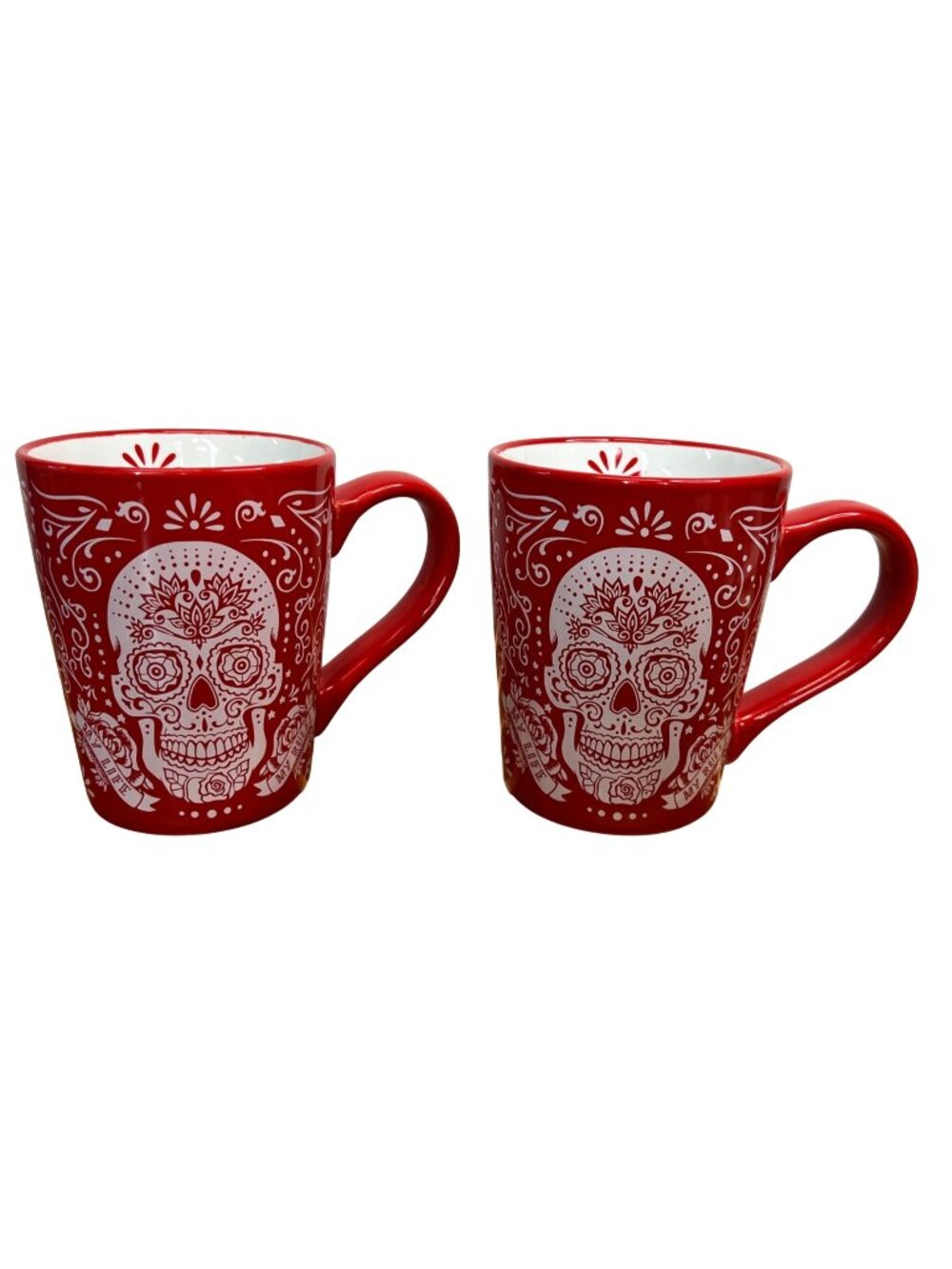 Pair of red "Dia de Los Muertos" ceramic mugs, whimsical, fun